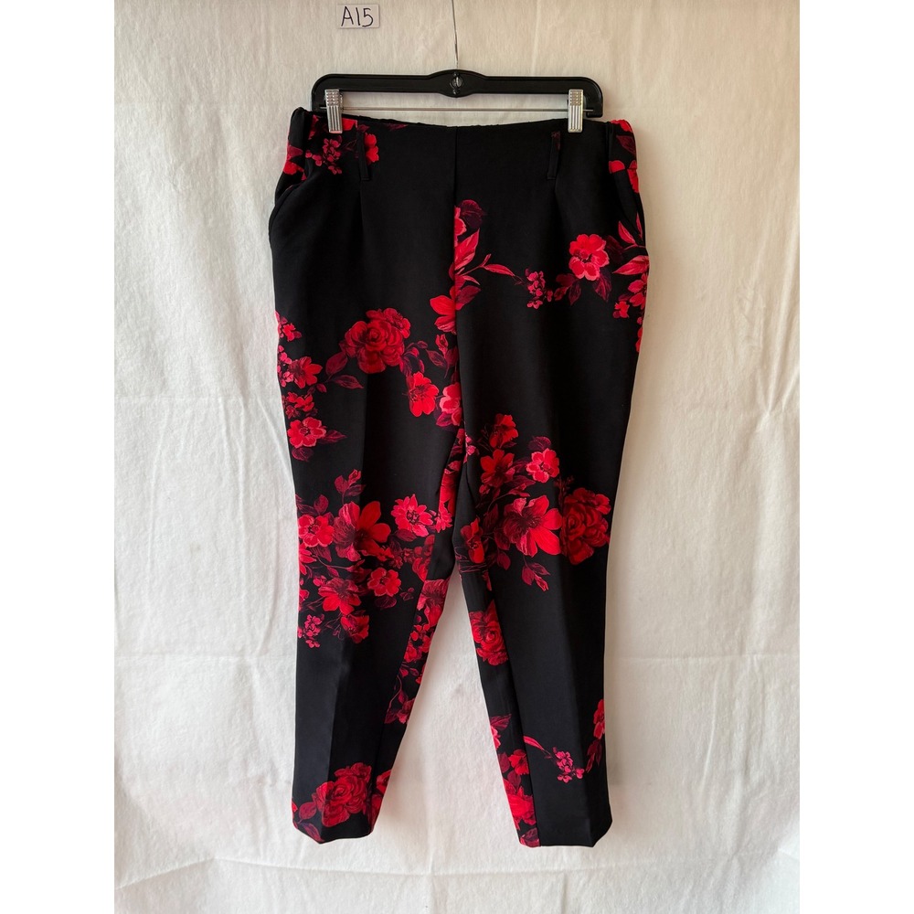 Jules & Leopold Red Floral Black Ankle Pants Elastic Waist Pockets Large
